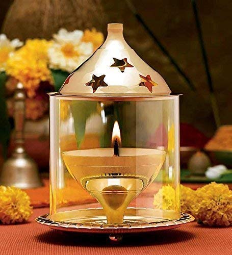 Large Size Decorative Brass Akhand Diya with Glass Cover , Puja Dia for Mandir , Oil Lantern and Tea Light Holder (Height 8 inches)