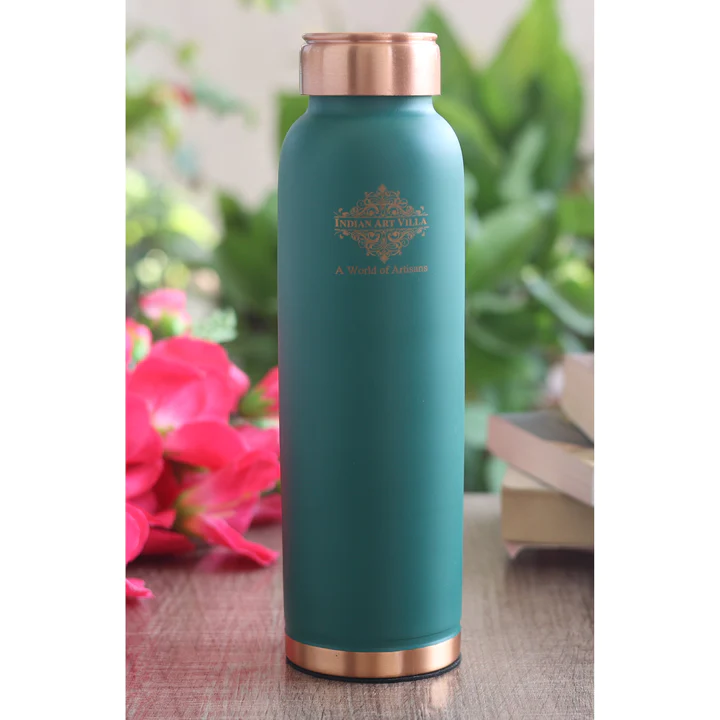 Pure Copper Lacquer Coated Silk Finish Leak Proof Ergonomic Design Bottle, 900 ML – Green – 1